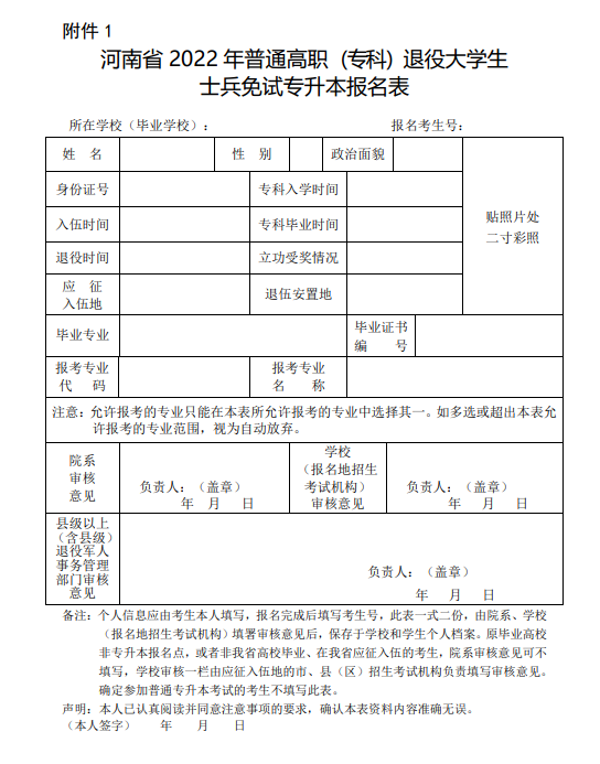 河南省2022年普通高職(?？?退役大學生士兵免試專升本報名表